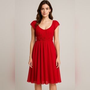 Red Chiffon Rosette Waist Knee-Length Dress